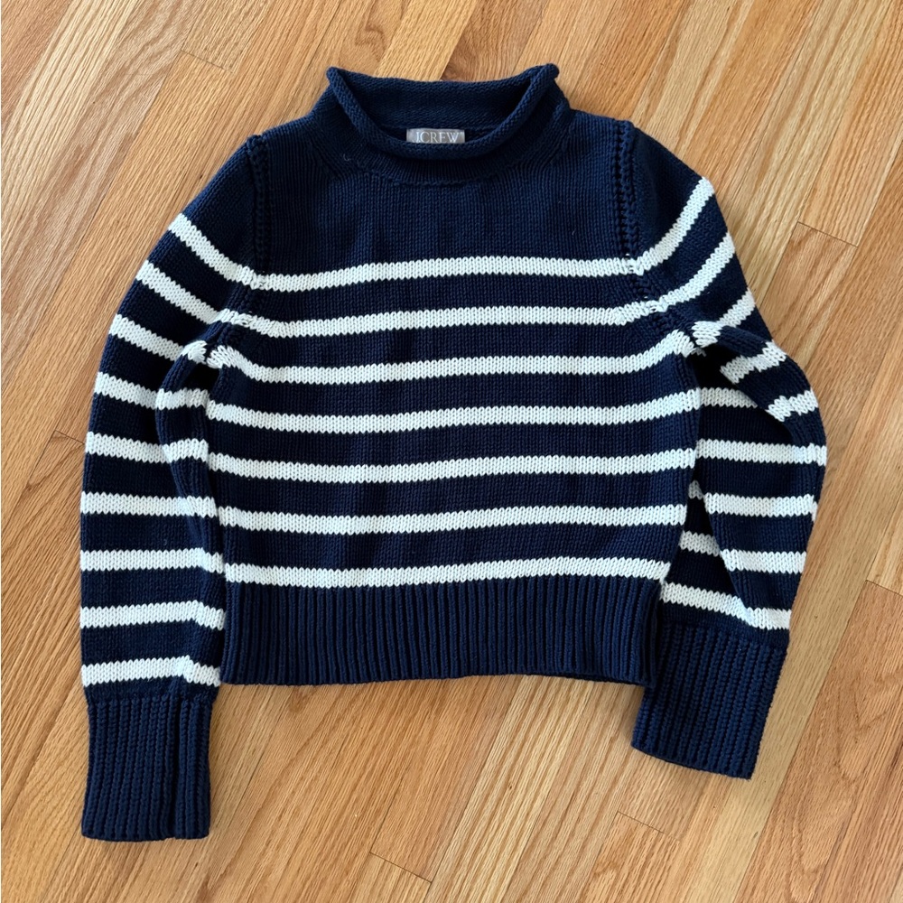 J. Crew Navy and White Striped Turtleneck Sweater